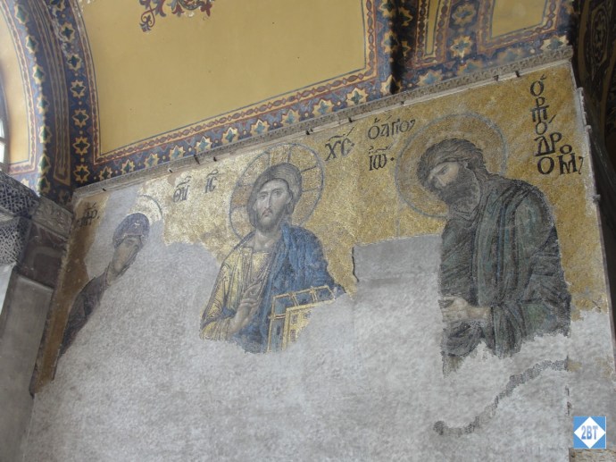 Mural inside Hagia Sophia. While the building was a mosque, murals like this had plaster put over them.