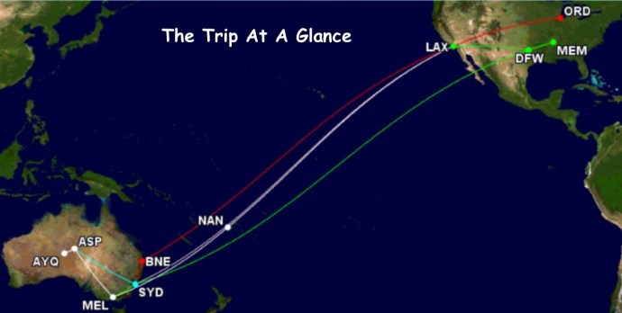 The various routings for our trip. Map made on gcmap.com