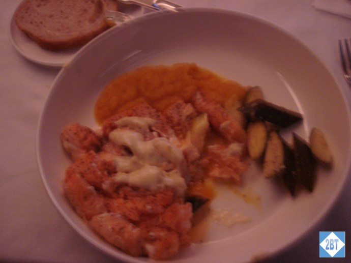 Pan-fried Arctic char with pumpkin purée, zucchini and aioli