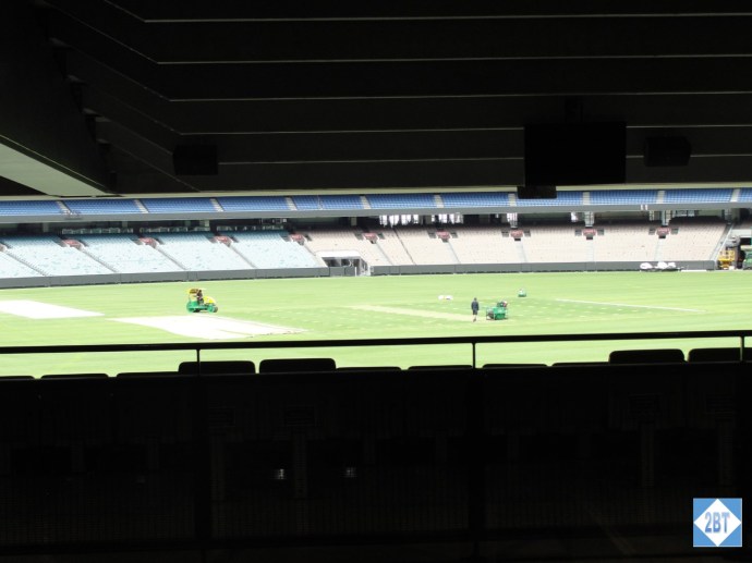 The pitch at Melbourne Cricket Ground as viewed from inside the gift shop