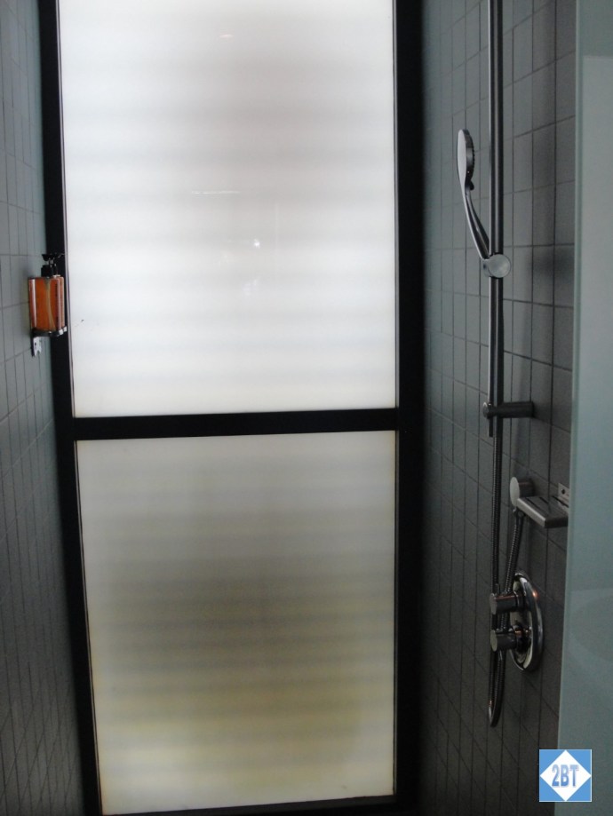 Shower with wall-mounted shampoo and body wash. Could have used some small shelves here for more toiletries and wash cloth.
