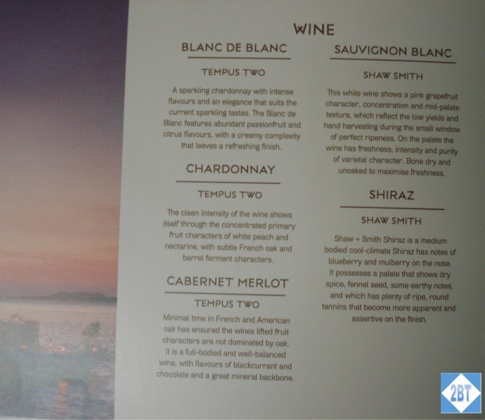 Fiji Airways Business Class Wine List