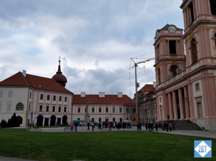 Göttweig Abbey grounds with the church on the right and the building with the famous ceiling on the left